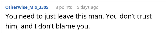 A user comment advises to leave the man due to mistrust, echoing a woman's suspicions about a secret child.