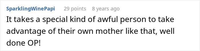 Screenshot of a Reddit comment criticizing a lady who financially exploits her mom, leading to bankruptcy and penalties.