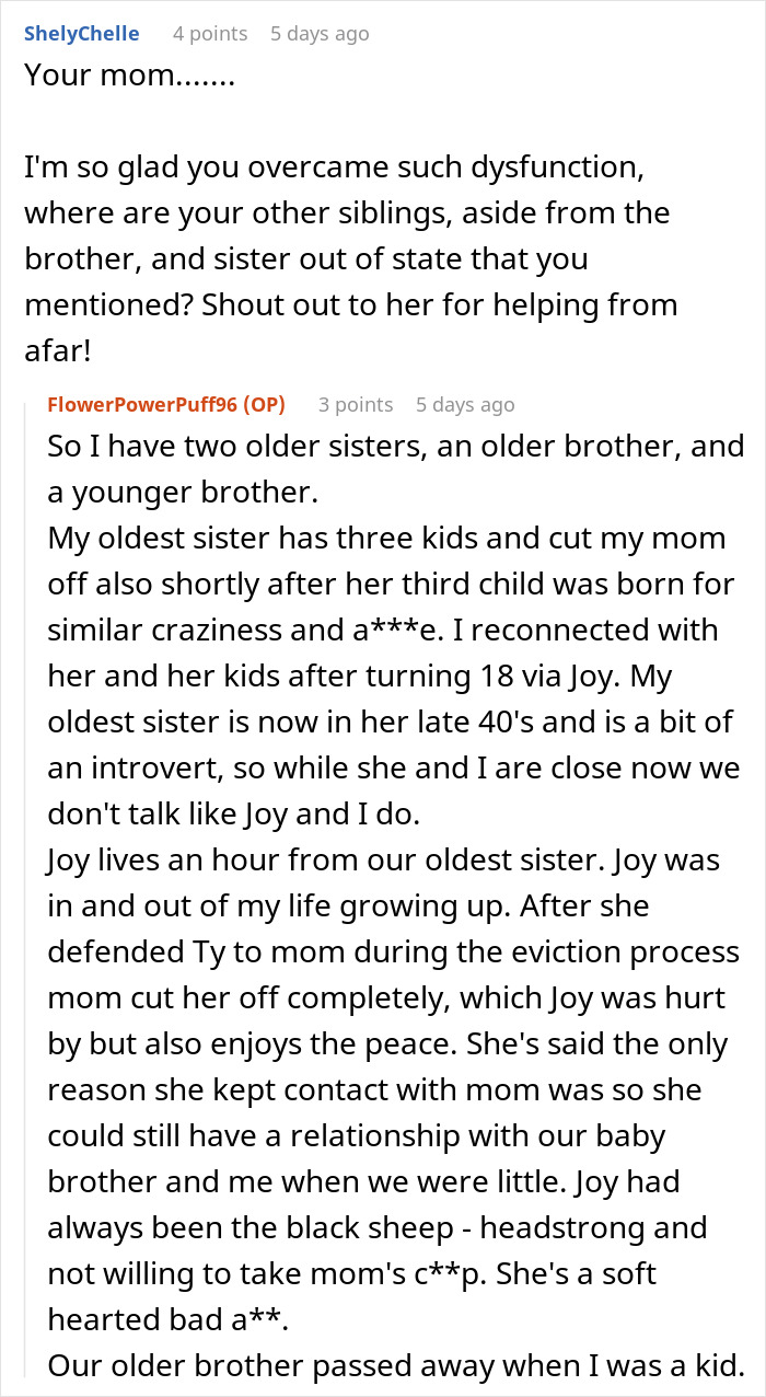 Screenshot of a detailed story about family dysfunction, highlighting a woman sharing a crazy story about her mom.