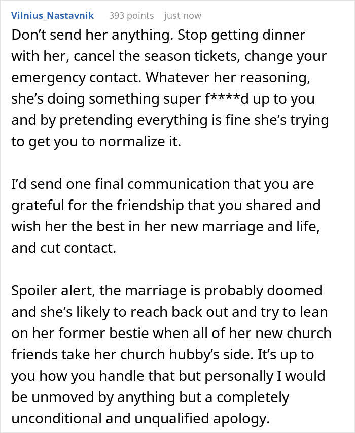 A screenshot of a Reddit comment suggesting to cut contact after a Christian bride excluded her Muslim best friend.
