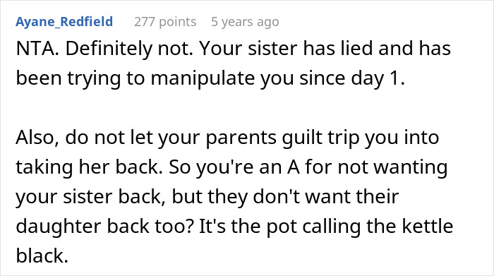 Reddit comment discussing a woman&rsquo;s sister trying to manipulate her in a family dispute over custody and adoption.