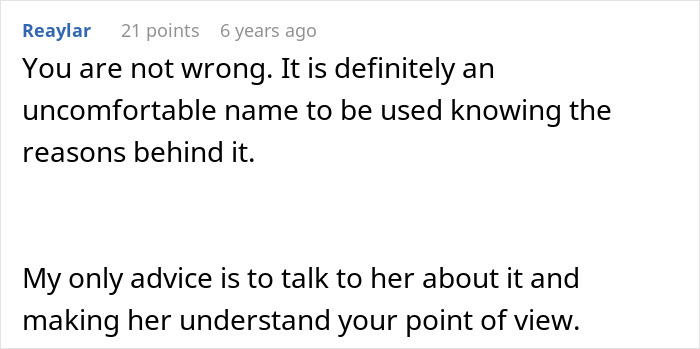 Comment discussing drama over woman wanting unborn son named after late ex who mistreated her, highlighting discomfort with the name choice. Comment discussing drama over woman wanting unborn son named after late ex who mistreated her, highlighting discomfort with the name choice.
