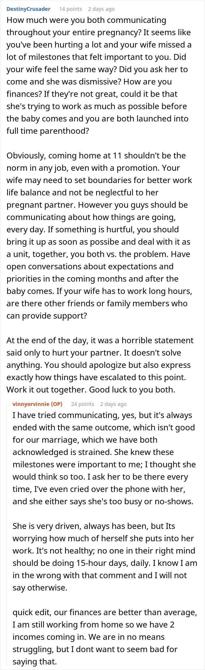 Text discussion about a wife&rsquo;s career glow-up causing marriage trouble and a pregnant partner feeling neglected and alone.