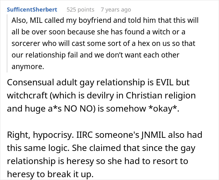 Comment discussing homophobic MIL trying to break up son's gay relationship using witchcraft and hypocrisy in logic.