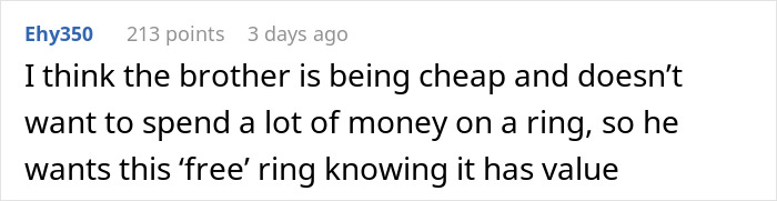 Screenshot of an online comment discussing a brother demanding a beloved heirloom ring for his proposal and calling his sister selfish.