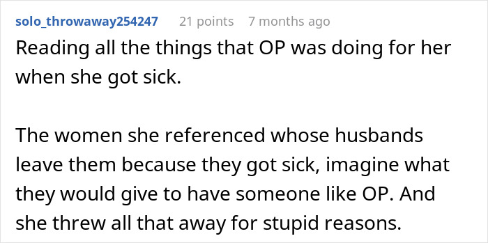 Screenshot of a Reddit comment discussing a wife divorcing her husband during cancer and later asking for a second chance.