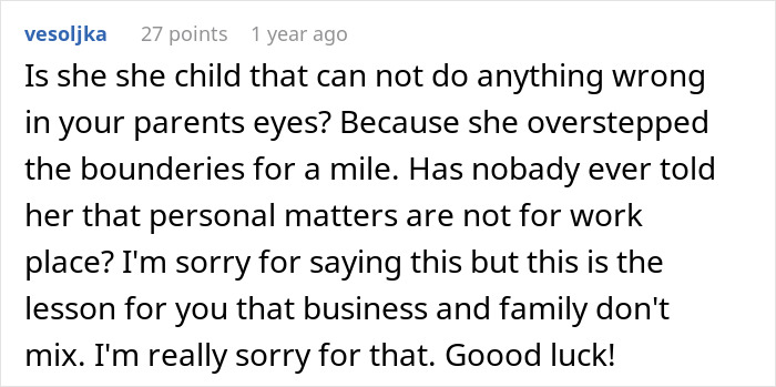 Screenshot of a forum comment discussing family boundaries and business challenges after a CEO hires her sister who was downsized.