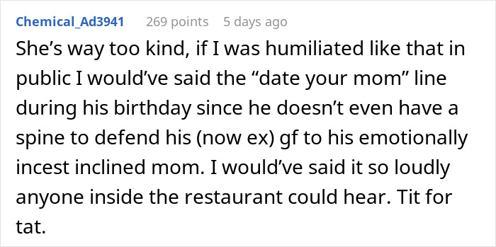 Comment about boyfriend&rsquo;s mom acting possessive at birthday party causing girlfriend to leave angrily.