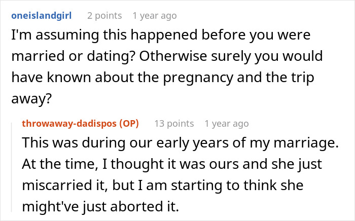 Reddit comments showing a man's wife doesn't know about a betrayal, with a user questioning the timeline.