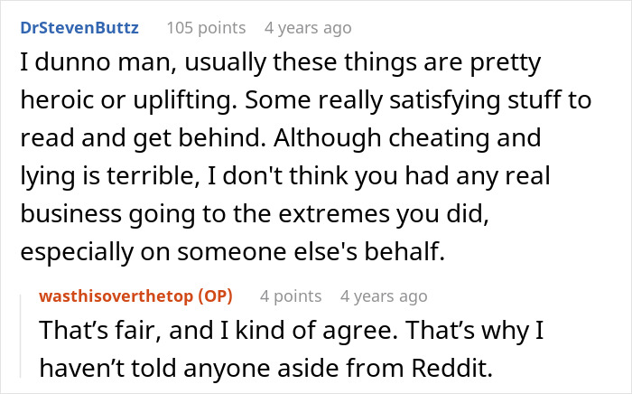 A Reddit post showing a user comment on a friend's revenge, part of a "Wife's friend takes revenge" story.