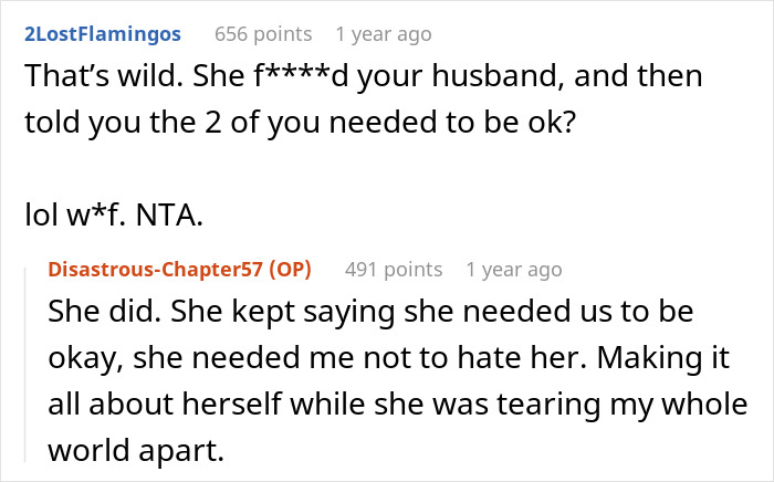 Screenshot of a Reddit conversation discussing a lady facing karma after cheating with her sister&rsquo;s baby daddy.
