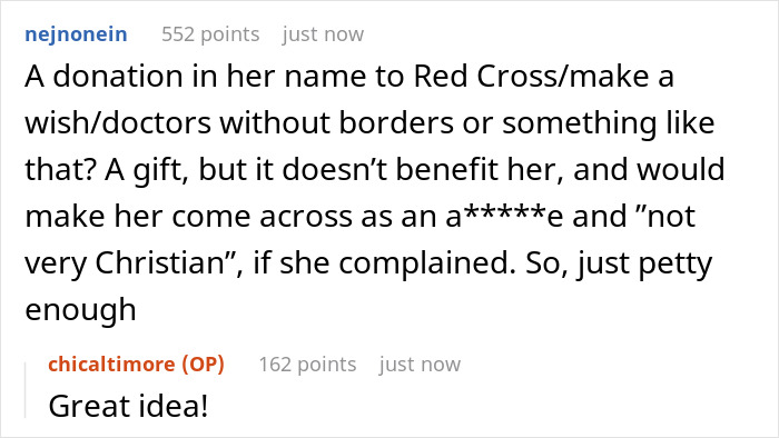A screenshot of Reddit comments discussing a petty Christian bride gift idea.