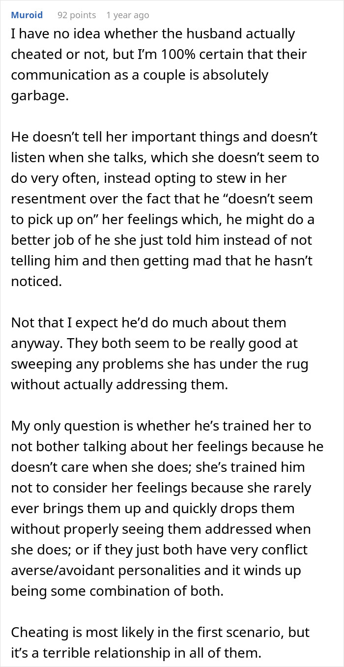 A Murod Reddit post discussing a married man, hotel room, and communication issues in a relationship.