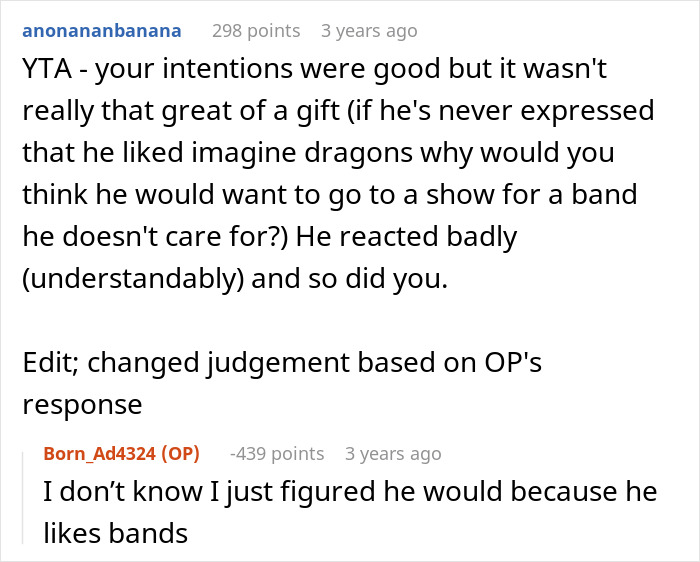 Reddit comments discussing a woman buying concert tickets for her boyfriend who loves bands and his emotional reaction.