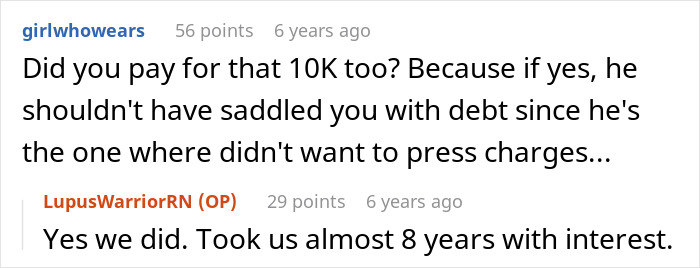 Screenshot of a Reddit comment asking the OP if they paid the debt, and the OP responding yes, illustrating a young family's struggle with debt.