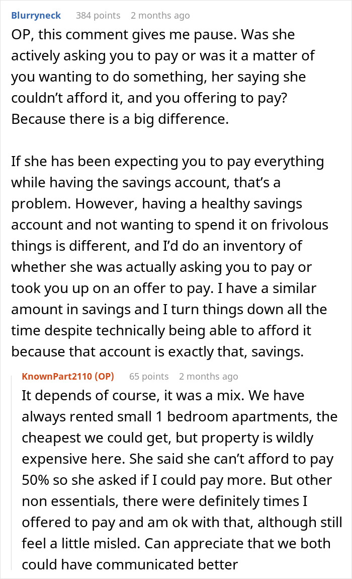 Reddit user commenting on relationship issues about a girlfriend pretending to be broke despite having savings.