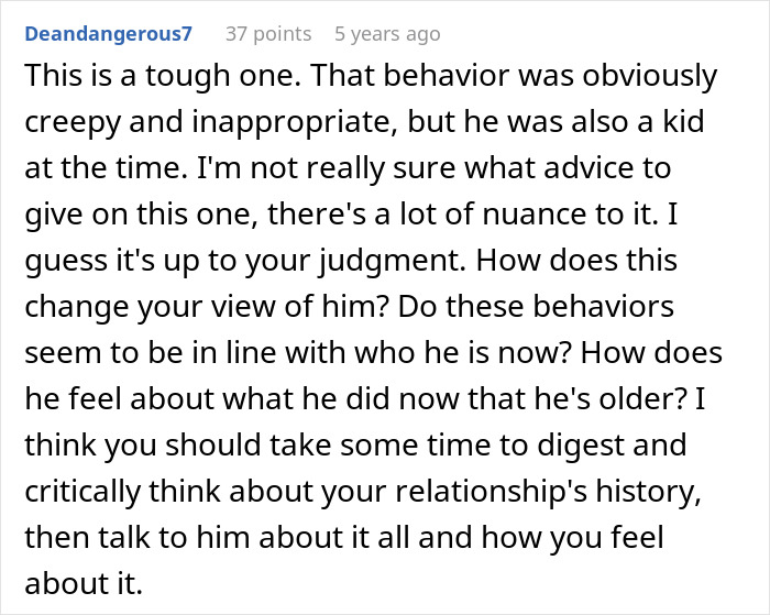 Reddit comment discussing creepy confession and relationship doubts, focusing on behavior and feelings from age 12.
