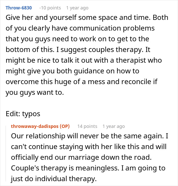 Reddit comments discussing relationship betrayal. One comment suggests therapy, the other indicates a man's world shatters, ending his marriage.