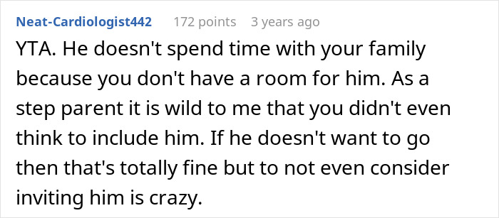 Comment discussing a woman paying for family vacation and excluding stepson who wouldn&rsquo;t enjoy it.