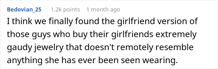 Text post showing a Reddit comment about relationships and gift choices related to concert tickets and bands.