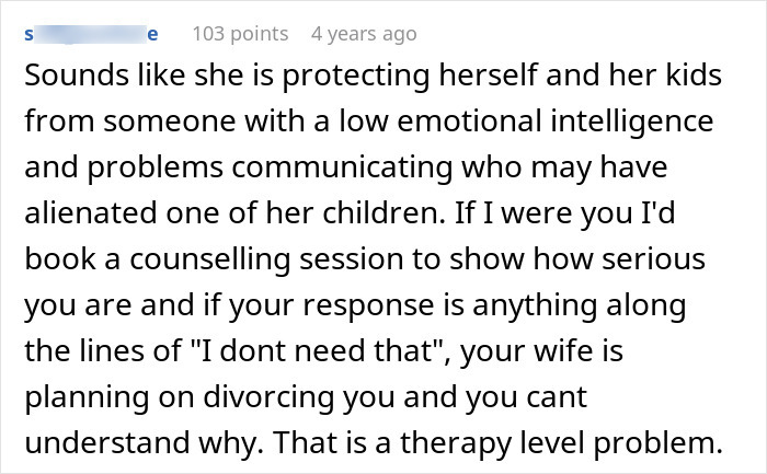 A Reddit comment about a man's relationship issues, possibly due to a paternity test, suggesting counseling to save his whole family.