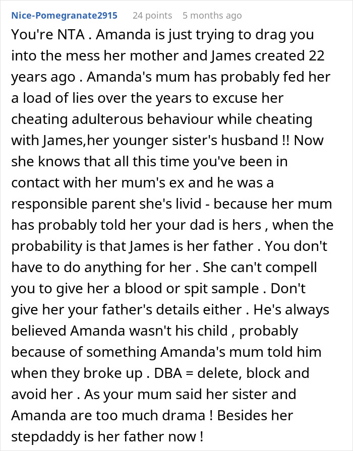 Comment discussing confusing and wild family dynamic involving DNA tests, child support, and complicated relationships.