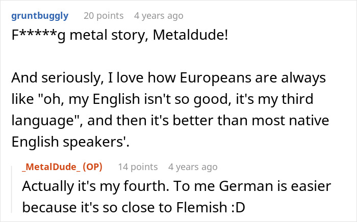A Reddit comment thread with two users discussing English language skills, unrelated to horrible boss revenge.