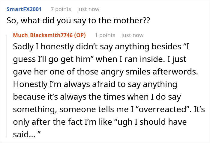 Screenshot of an online conversation about a 3YO toddler escaping home and running inside neighbor&rsquo;s house, surprising a woman.