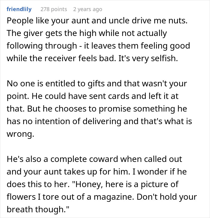 A Reddit comment discussing the frustration of an uncle gifting kids pictures of trips instead of reality.