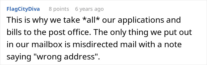 A text comment from FlagCityDiva about taking applications/bills to the post office to prevent issues like the house debt.