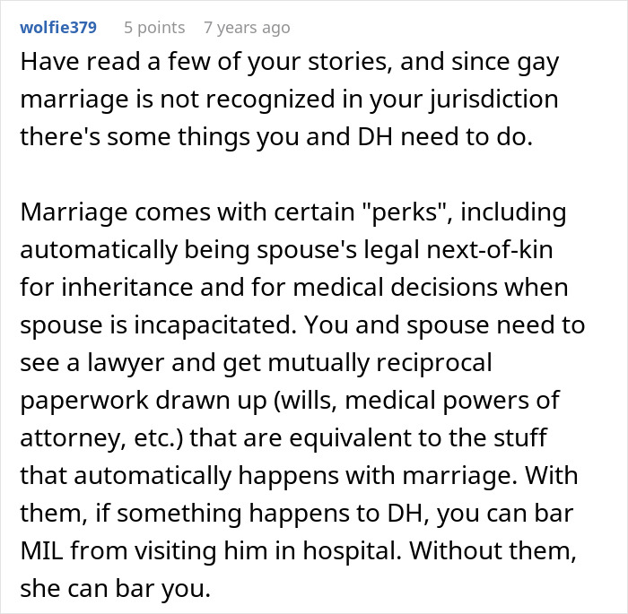 Text post from an online forum discussing homophobic MIL and legal advice for same-s*x partners regarding marriage benefits.