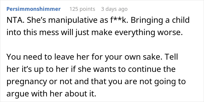 Alt text: Online comment discussing pregnant girlfriend threatening to terminate pregnancy during arguments and relationship advice.