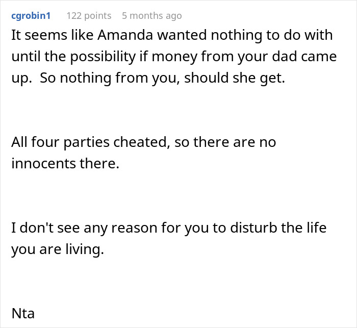 Comment discussing confusing and wild family dynamic sparking drama over DNA tests and child support issues.