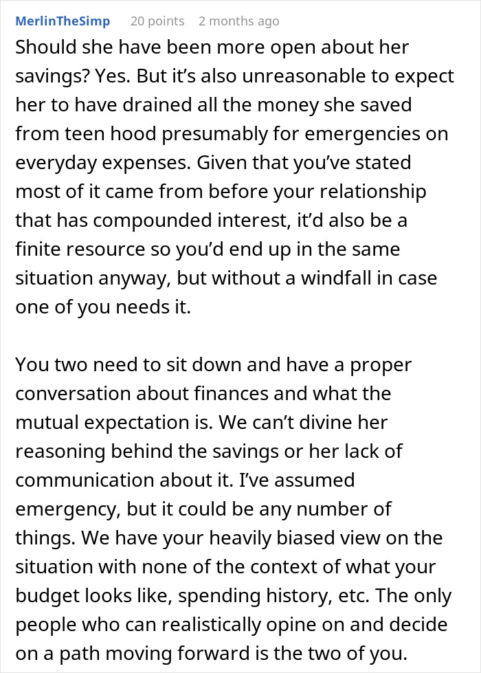 Text discussing a man upset that his girlfriend pretended to be broke for five years despite having $50K in savings.