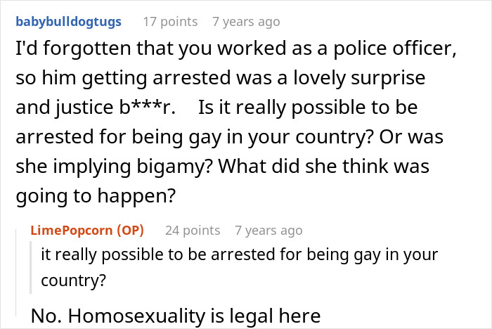 Comment discussion about a homophobic MIL trying to get son&rsquo;s boyfriend arrested by a fake cop, who is a real police officer.