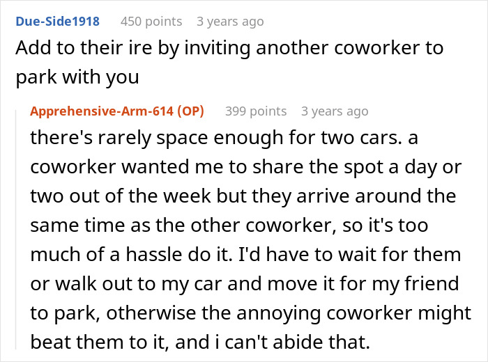 Comment thread showing coworkers discussing parking spot sharing as part of an employee&rsquo;s revenge on a colleague who exposed lateness.