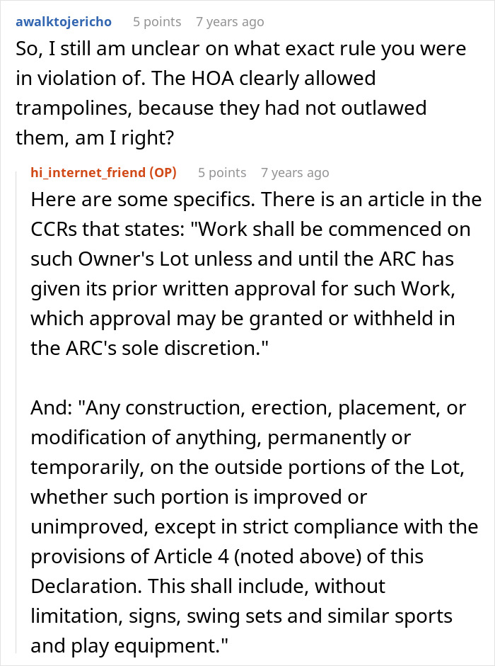 Reddit conversation discussing HOA demands and rules about trampoline ownership and placement in a residential community.