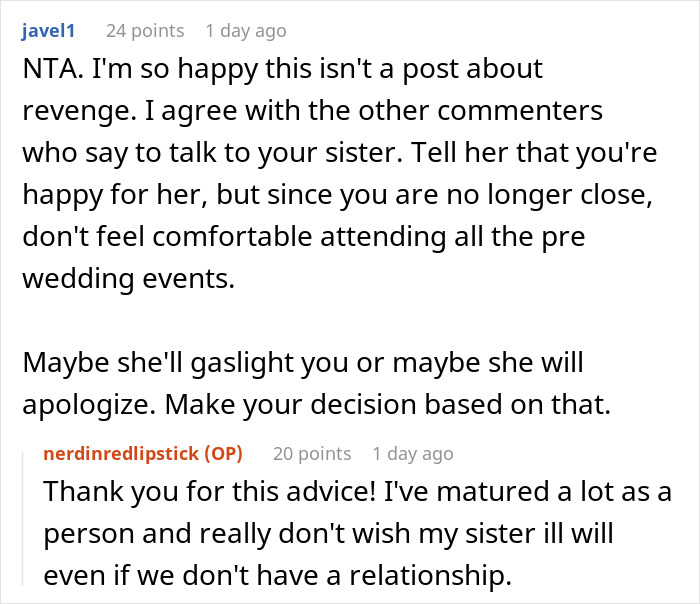 Screenshot of a Reddit thread discussing family drama after a lady hooks up with her sister&rsquo;s boyfriend before the wedding.