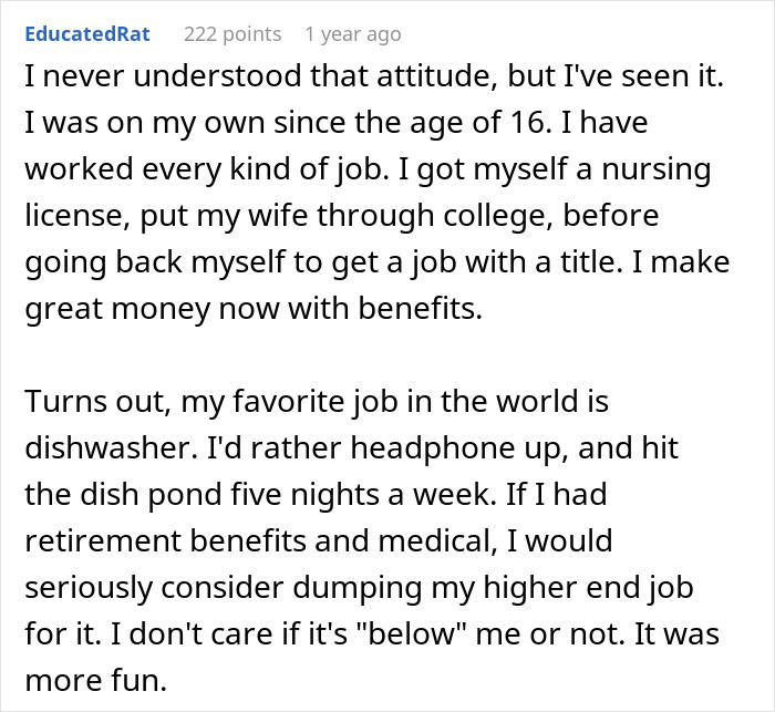 Commenter shares story about attitudes toward jobs, enjoying dishwasher work despite social stigma on server roles. Commenter shares story about attitudes toward jobs, enjoying dishwasher work despite social stigma on server roles.