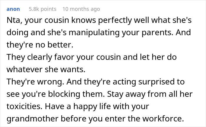 Reddit comment advises teen to cut all contact due to cousin's repeated lies and theft, and parents' favoritism.