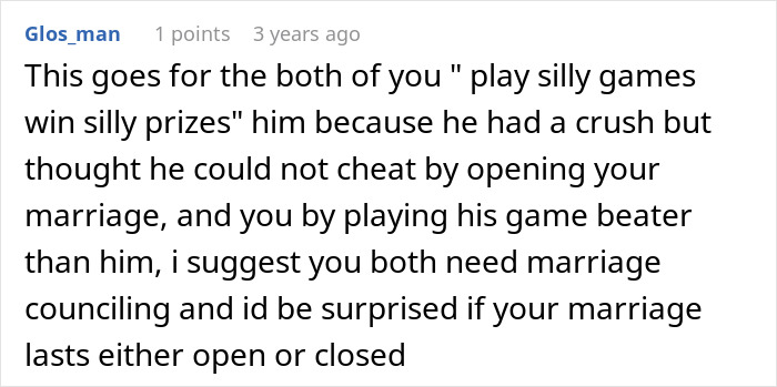 Comment discussing open marriage struggles and suggesting counseling for couples facing relationship challenges. Comment discussing open marriage struggles and suggesting counseling for couples facing relationship challenges.