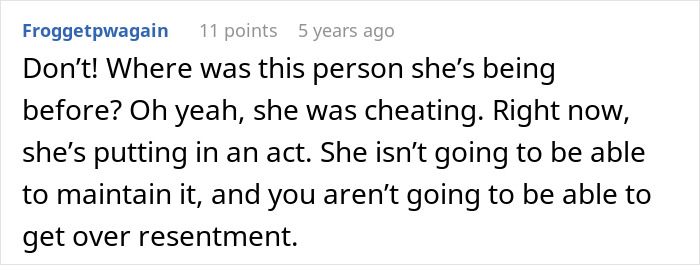 A comment on a post about a woman's affair, advising against cancelling the divorce, noting the wife's past cheating.
