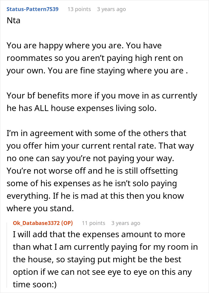 A screenshot of Reddit comments discussing a woman refusing to pay a BF's mortgage 50/50 if not on the deed.