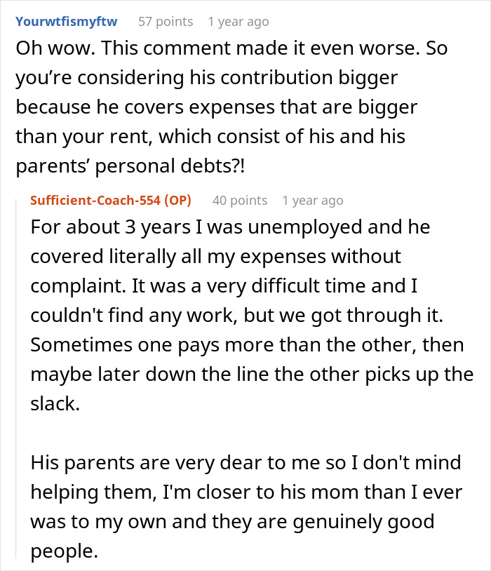 A Reddit thread discussing an argument about financial contributions, leading a woman to consider quitting her marriage.