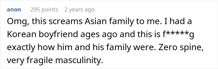 A Reddit comment from anon about a donor baby, detailing an Asian family experience and fragile masculinity.
