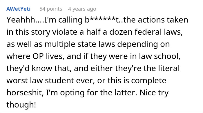 A Reddit comment disputes a revenge story about a mistress and a destroyed life, claiming it violates multiple laws.