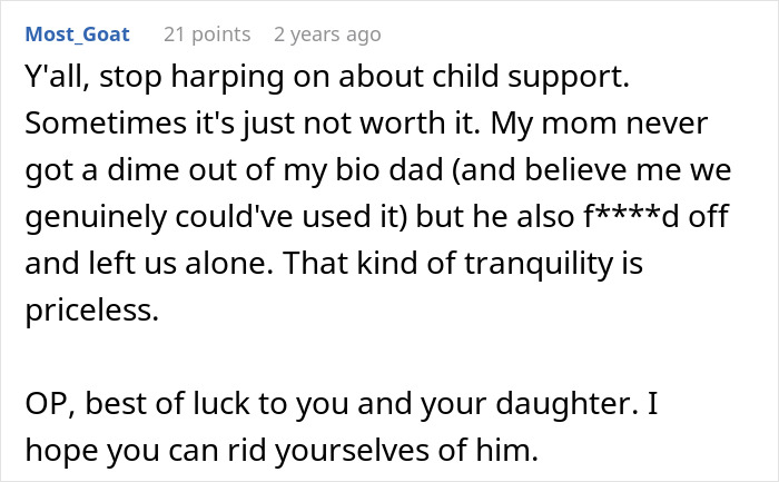 A Reddit comment about a bio dad leaving. The comment supports a family avoiding a man who doesn't see his daughter as his own.