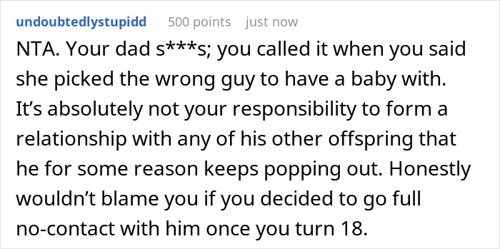 A Reddit comment stating it's not a teenager's responsibility to act like a big bro to a new baby.