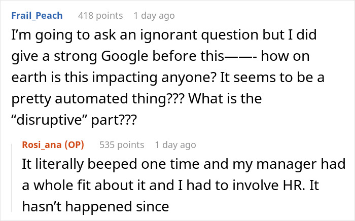 Reddit thread: A user asks how a feeding tube is disruptive; another replies it beeped once, leading to a manager's fit and HR involvement.