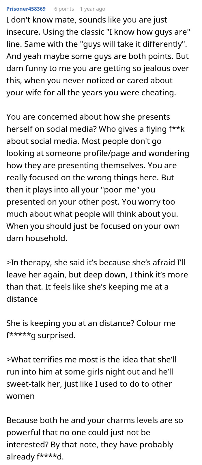 Text excerpt showing a cheater reflecting on jealousy, social media, and the harsh lesson learned with zero sympathy.